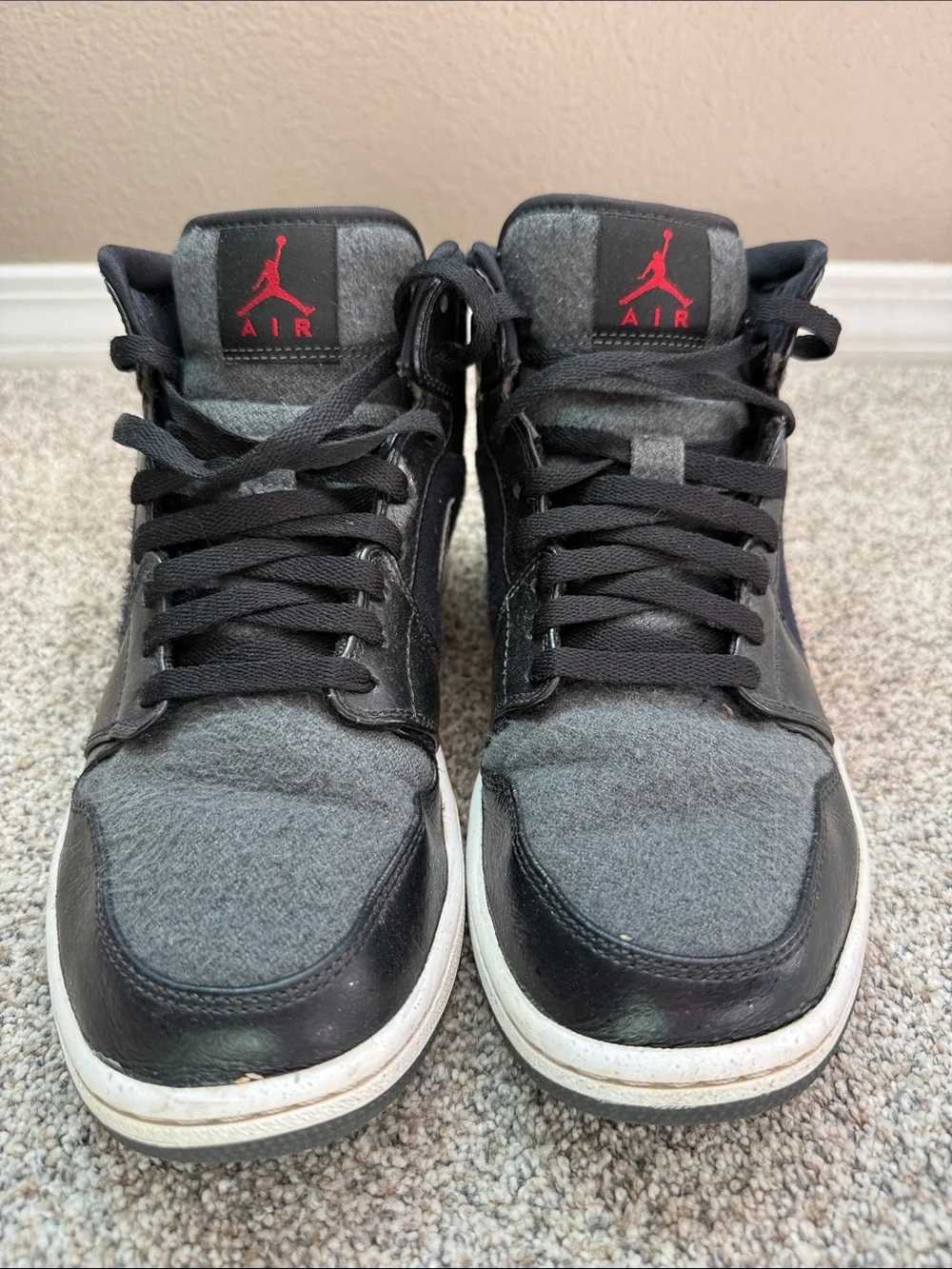 Jordan 1 Mid-Top Sneakers in Black, Gray & Red Jump man